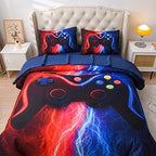 Meeting Story Gamer Gaming Bedding Sets Red Blue Lightnings Gamepad Comforter Set for Boys Games Console Action Buttons Novelty Colorful Modern Room Decor Home Quilt Set (Red-Blue, Queen 5Pcs)