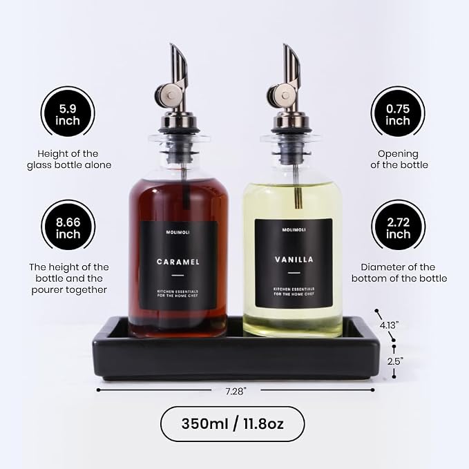 Molimoli Oil and Vinegar Dispenser with Metal Pour Spout, Weighted Pourer, Glass Bottle Dispenser for Kitchen w. Ceramic Tray|Black, 350ml, Set of 2