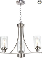 BONLICHT Contemporary Chandelier 3 Light Brushed Nickel Modern Lighting Fixtures Hanging Clear Glass Shades Pendant Light Classic Ceiling Lamp for Kitchen Dinging Room Living Room Bedroom Hallway