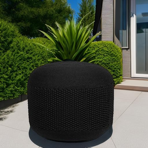 BIRDROCK HOME Outdoor Pouf Ottoman | Hand Woven Waterproof Foot Stool with Bead Bag Filling | Boho Foot Rest for Patio, Living Room, Porch & Outdoor Seating | Lightweight, Soft Stuffed Chair | Black