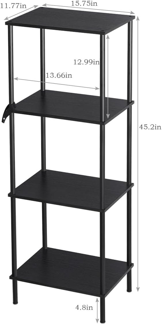 melos 4 Tier Bookshelf, Classically Tall Bookcase Shelf Storage Organizer, Modern Book Shelf for Bedroom, Living Room and Home Office, Black