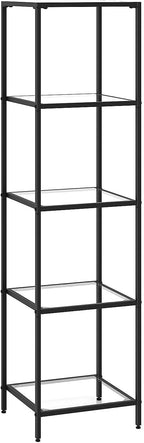 5-Tier Bookshelf,Metal Bookcase,Tempered Glass Shelves,Storage Rack Shelf for Home Office,Living Room,Bedroom, Bathroom,Modern Style, Black