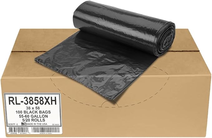 Aluf Plastics 55 Gallon Trash Can Liners (100 Count) - 38" x 58" - Thick 1.5 MIL Equivalent Black Trash Bags for Bathroom, Kitchen, Office, Industrial, Commercial, Recycling and More