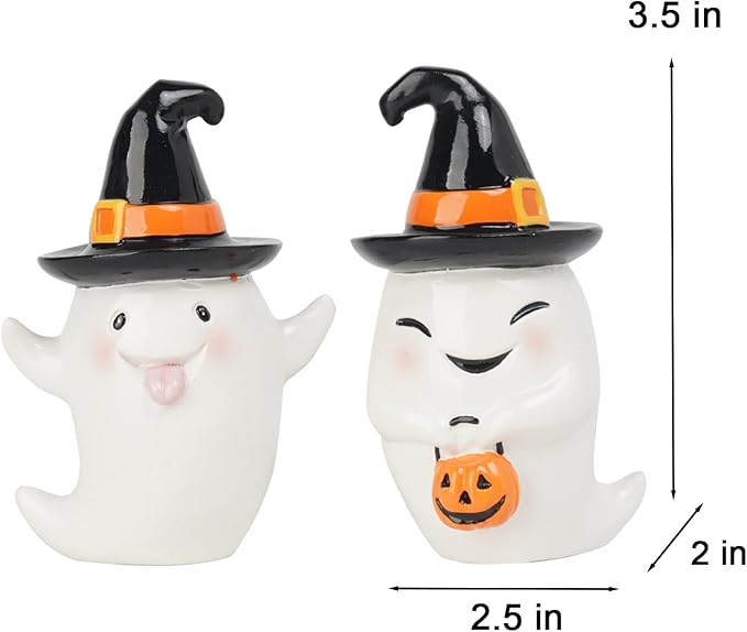 Halloween Decorations Ghost Statues Collectible-Figurines - Halloween Decor Indoor Cute Boo Ghost Sculpture Resin White Ghost With Black Hat Party Supplies Set of 2, 2.5*2*3.5 inch Newman House Studio