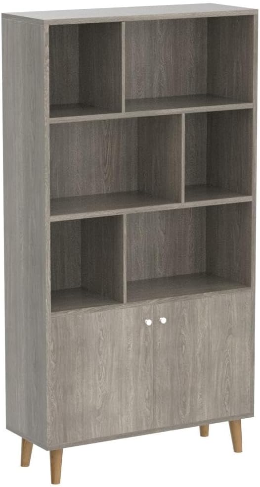 Modern Bookcase with 2 Doors, Shelf Organizer for Display, Wooden Bookshelf Library with 6 Storage Cabinet for Home Office (Gray Oak)