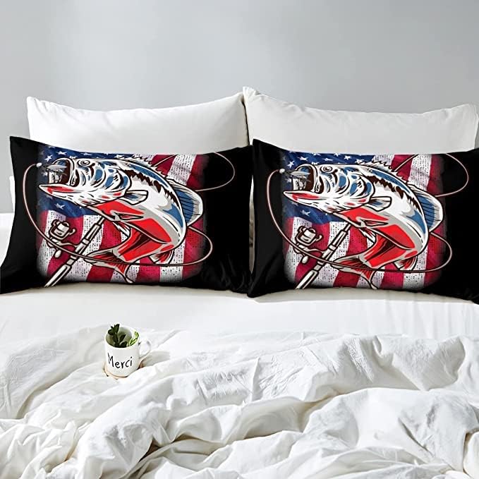 Fishing Comforter King Bass Fish American Flag Bedding Set Farmhouse Pike Fishing Comforter Set for Kids Boys Girls Teens Room Wild Fish Decor Red Blue Stripe Quilt Down Comforter Boys