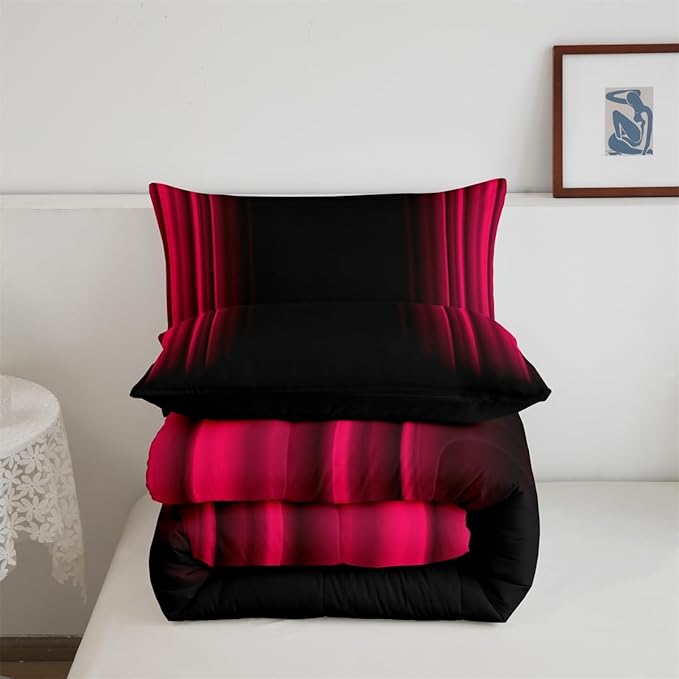 Geometric Abstract Ombre Bedding Bed Set Men Adults Teens Vibrant Red Black Striped Comforter Set Kids Boys Girls Simple Modern Comforter Collection 3Pcs Full Size Boys