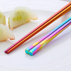 Chinese Metal Soup Spoons and Chopsticks Set for 4 People, Reusable Stainless Steel Ramen Short Handle Spoon Set Asian, Christmas Gift Dishwasher Safe (Rainbow)