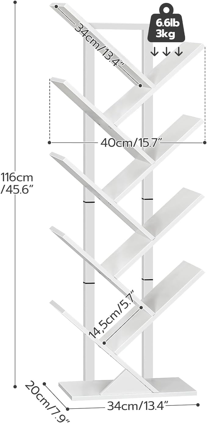 HOOBRO Tree Bookshelf, 9-Tier Bookcase Wooden Shelves, Floor Standing Storage Rack, for Display of CDs, Books in Living Room, Home Office, Wood Storage Rack for Bedroom, White WT08SJ01G1