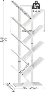 HOOBRO Tree Bookshelf, 9-Tier Bookcase Wooden Shelves, Floor Standing Storage Rack, for Display of CDs, Books in Living Room, Home Office, Wood Storage Rack for Bedroom, White WT08SJ01G1