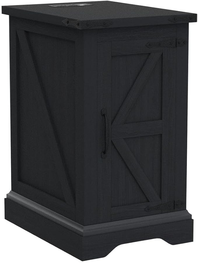 JXQTLINGMU Nightstand with Charging Station, Rectangular Farmhouse End Table with Barn Door and Adjustable Storage Shelf, 17" Deep Wood Rustic Sofa Side Table for Living Room, Bedroom, Black