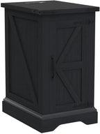 JXQTLINGMU Nightstand with Charging Station, Rectangular Farmhouse End Table with Barn Door and Adjustable Storage Shelf, 17" Deep Wood Rustic Sofa Side Table for Living Room, Bedroom, Black