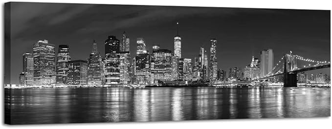 Wieco Art New York Manhattan Night View in Black and White Giclee Canvas Prints Modern Stretched and Framed Art work Cityscape Pictures Paintings on Canvas Wall Art for Bedroom Home Decorations