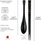 Premium Japanese Chopsticks with Spoon Reusable [ Made in Japan ] Traditional Lacquer Art Wooden Chopsticks (Gold Flower BK(YM2001))