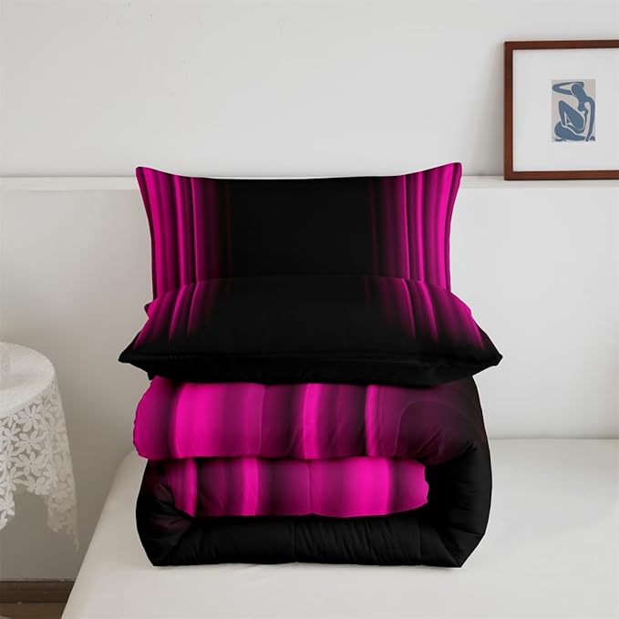 Geometric Abstract Ombre Bedding Bed Set Men Adults Teens Rose Red Black Striped Comforter Set Kids Boys Girls Simple Modern Comforter Collection 2Pcs Twin Size Boys