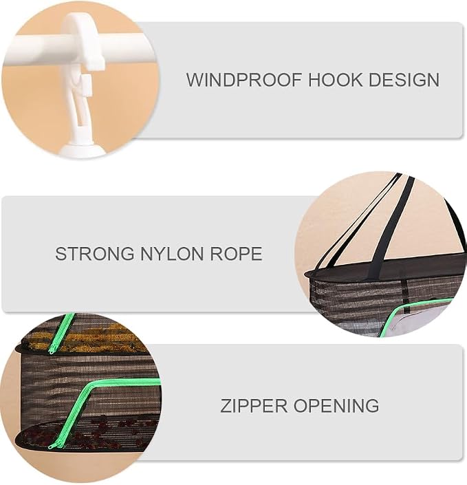 Foldable Drying Net for Vegetables, Fish, and Dehydrated Goods, Multi-Tiered Food Drying Net, Versatile Drying Rack, Windproof Design, Zipper Closure for Insect Protection 4Layer Black