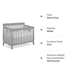 Dream On Me Ashton 4-In-1 Convertible Crib In Storm Grey, Greenguard Gold, JPMA Certified, Non-Toxic Finishes, Features 4 Mattress Height Settings, Made Of Solid Pinewood
