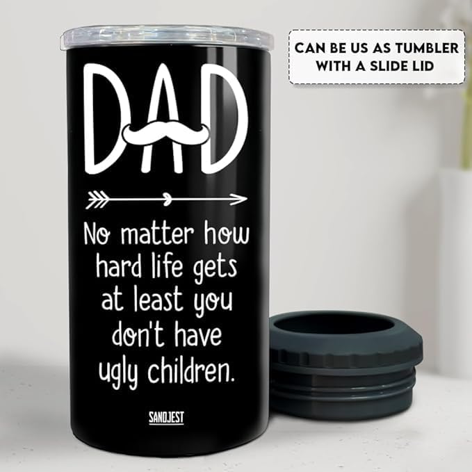 SANDJEST 4-in-1 Dad Tumbler Gifts for Dad from Daughter Son - 12oz Funny Ugly Children Dad Can Cooler Tumblers Travel Mug Cup - Insulated Cans Coozie Travel Mug Christmas, Birthday, Father's Day Gift