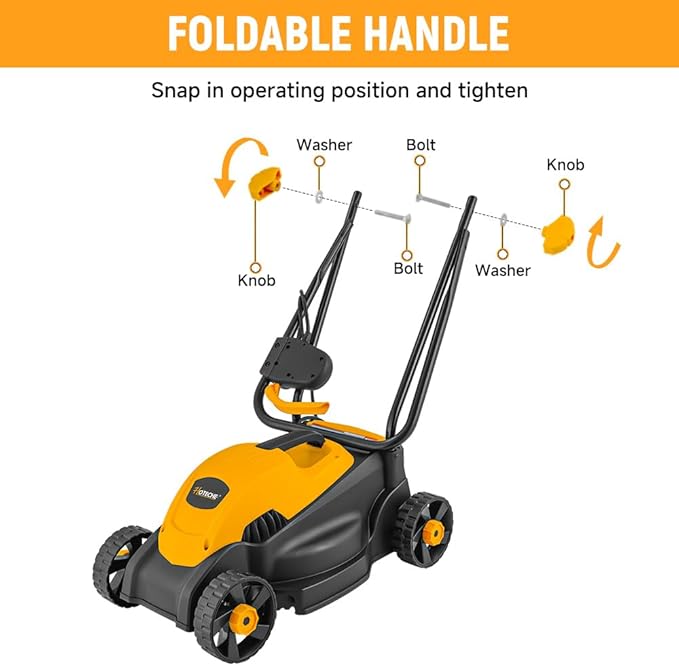 Hoteche 10-Amp Corded Electric Lawn Mower - 12.6 Inch Cutting Width, 30L Grass Bag, 3 Height Adjustments (1"-2.2"), Lightweight Walk-Behind Mower for Small/Medium Lawns (Easy Push Design)
