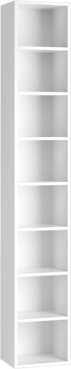 FOTOSOK 8-Tier Media Tower Rack, 11.6 X 9.3 X 70.9 Inches CD DVD Slim Storage Cabinet with Adjustable Shelves, Tall Narrow Bookcase Display Bookshelf for Home Office, white