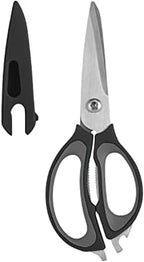 Farberware 4-in-1 Kitchen Shears with Sheath, High-Carbon Stainless Steel Scissors with Bottle Opener, Jar Opener and Screwdriver, Grey and Black Ergonomic Handle