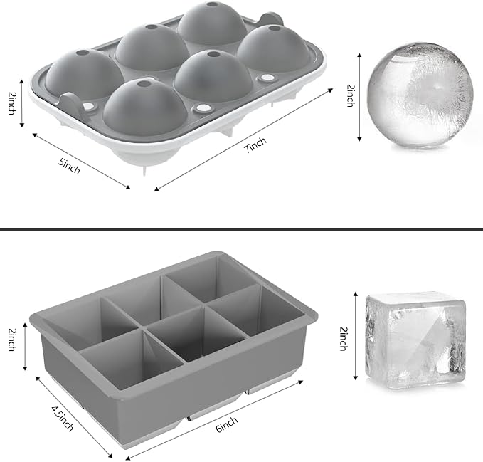 ROTTAY Ice Cube Trays (Set of 2), Sphere Ice Ball Maker with Lid & Large Square Ice Cube Maker for Whiskey, Cocktails and Homemade, Keep Drinks Chilled, Grey