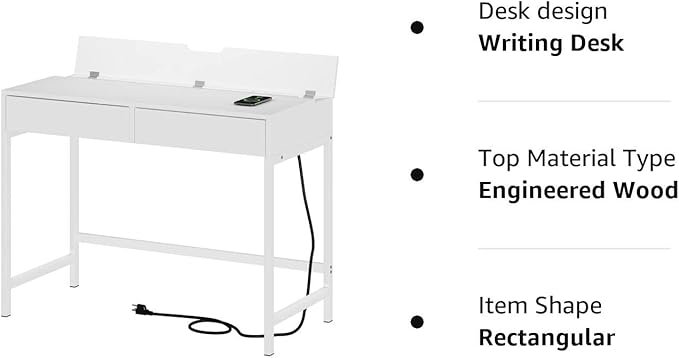 Treocho Computer Desk with USB Charging Ports and Power Outlets, Modern Simple 40 inch White Desk with 2 Drawers, Vanity Desk, Makeup Table for Home Office, Bedroom