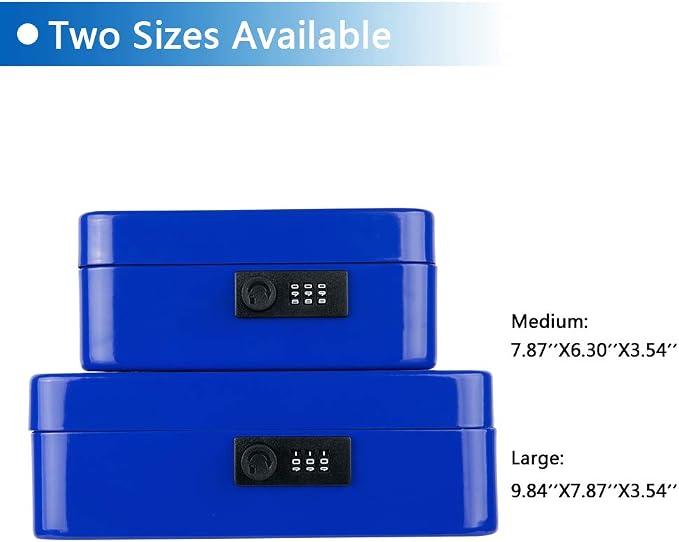 KYODOLED Large Cash Box with Combination Lock,Safe Metal Box for Money, Storage Lock Box with Money Tray,9.84"x 7.87"x 3.54" Blue Large