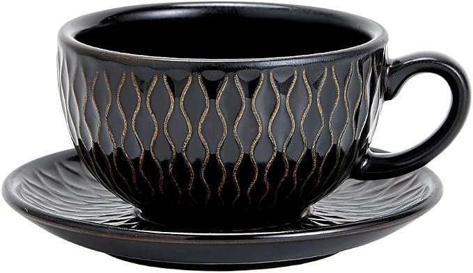Coffeezone Vintage Design 12 oz Ceramic Latte Art Cappuccino Barista Cup with Saucer (Embossed Black)