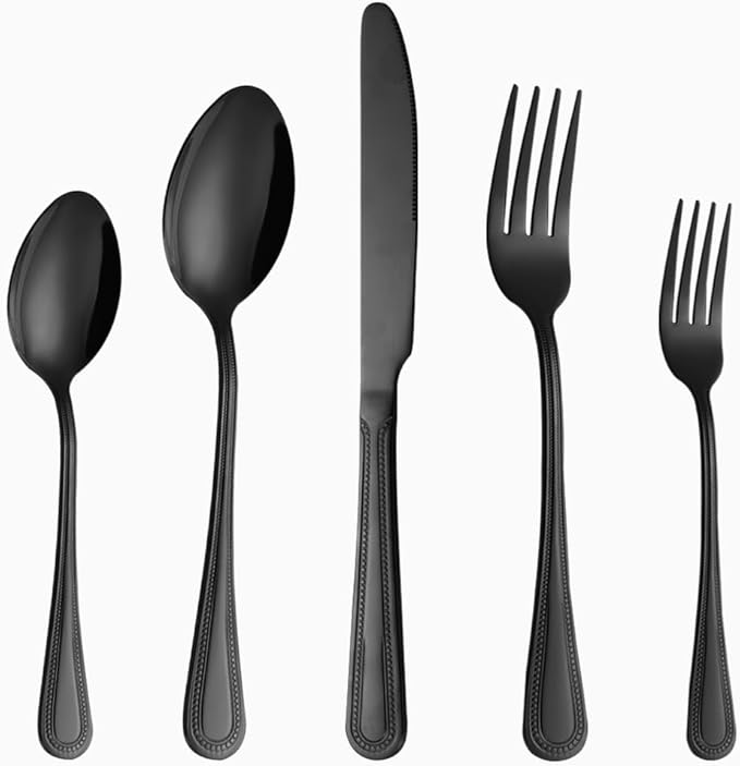 40 Pcs Black Silverware Set for 8 with Pearled Edge Handle design, Food Grade Stainless Steel Flatware Set, Eating Utensils Sets Include Fork/Knife/Spoon, Reusable Cutlery Set, Dishwasher Safe