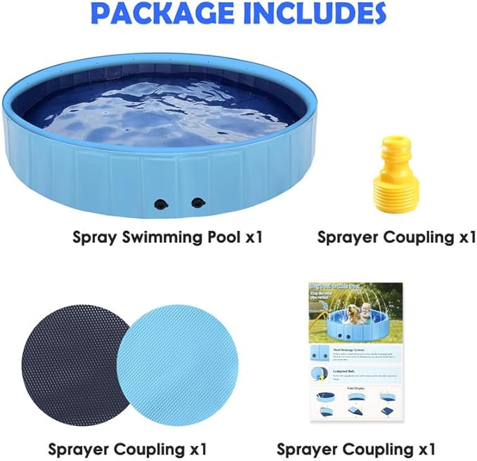 71" Large Dog Pool with Sprinkler, 2-in-1 Foldable Swimming Pool Non-Slip Hard Plastic Splash Sprinkler Kiddie Pool for Outdoor Backyard Kids Dogs Ducks and Pet Baths