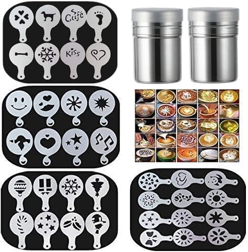 36 Coffee Decorating Stencils + 2 Stainless Steel Mesh Powder Shaker, Magnoloran Foam Latte Art Stencils Barista Templates for Decorating Oatmeal Cupcake Cake Cappuccino Mousse Hot Chocolate