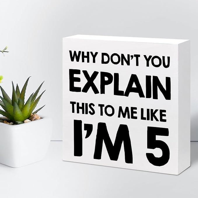 Why Don't You Explain This to Me Like I'm 5 Wood Block Sign Desk Decor,Funny Wooden Box Plaque Sign Desk Decor for Home Office Shelf Table Decor Decorations