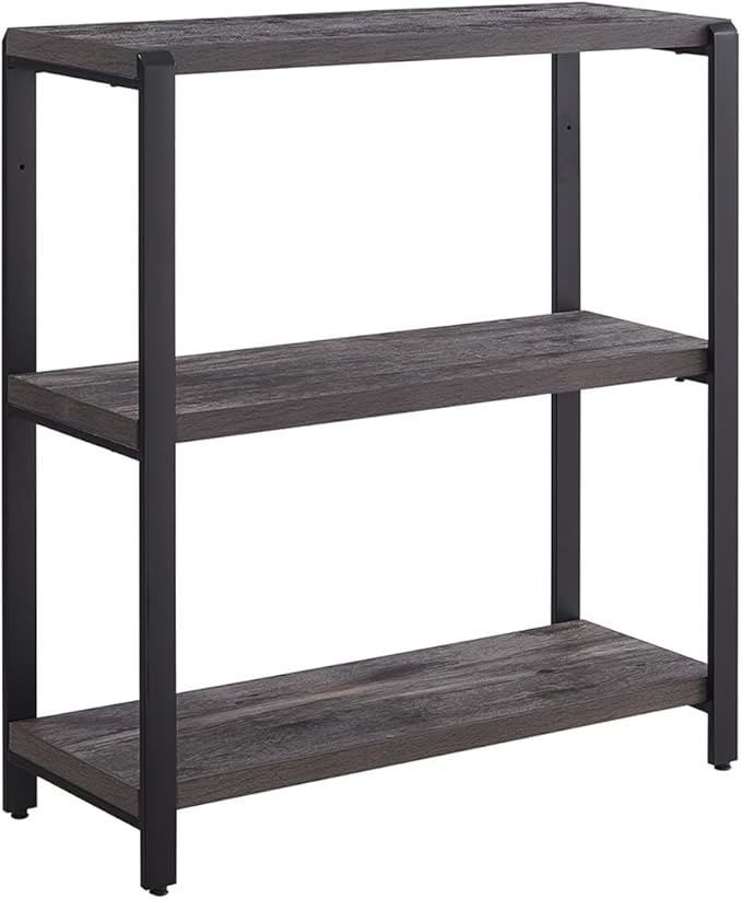 Bookshelf and Bookcase, 3 Tier Vintage Shelf for Office, Rustic Wood and Metal Book Shelves, Grey