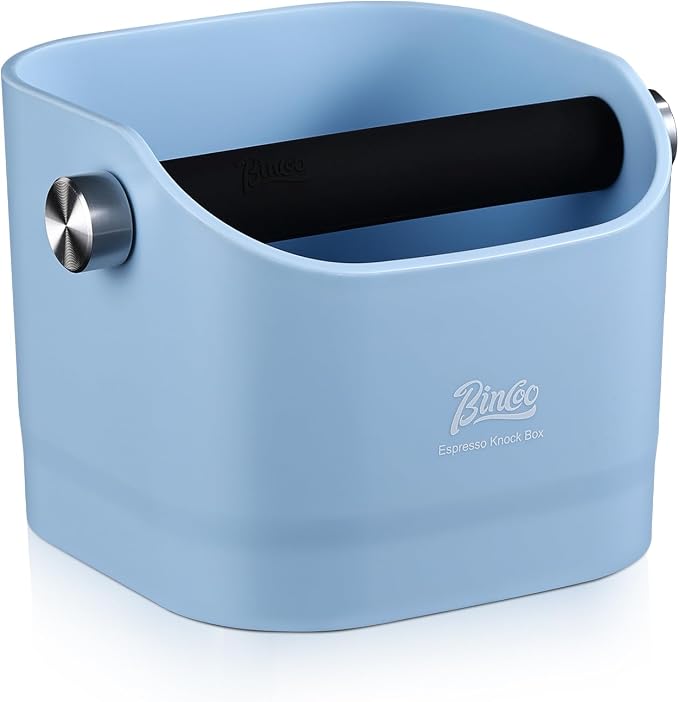 Espresso Knock Box - Bincoo Blue Espresso Machine Knock Box/Espresso Grounds Knock Box, Barista Style Coffee Knock Box for Grounds with Removable Shock-Absorbent Knock Bar and Anti-Slip Base. (Blue)