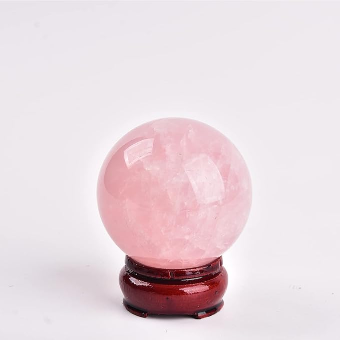 JIC Gem 2.9 Inch Natural Pink Rose Quartz Magic Crystal Healing Ball Ornament Sphere with Wood Stand for Decoration,Meditation, Scrying Mirror,Feng Shui.