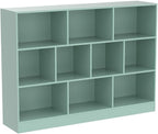 IOTXY Open Shelf Low Bookcase - Wooden 3-Tier Floor Standing Display Cabinet Organizer with Base, 10 Cubes Short Horizontal Bookshelf in Tiffany-Green
