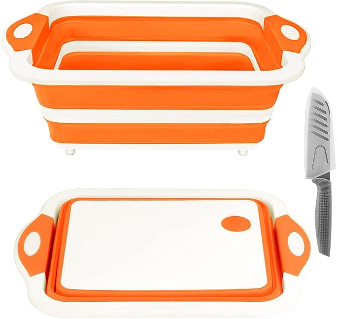 Rottogoon Collapsible Cutting Board, Foldable Chopping Board with Colander, Multifunctional Kitchen Vegetable Washing Basket Silicone Dish Tub for BBQ Prep/Picnic/Camping(Orange)