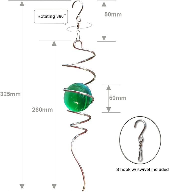 FONMY Gazing Ball Spiral Tail Wind Spinner Stabilizer with Swivel Hook 11inch Stainless Steel Tail and 2 inch Green Glass Orb. Indoor Outdoor Garden Decoration Hanging Ornaments 13 inch Height