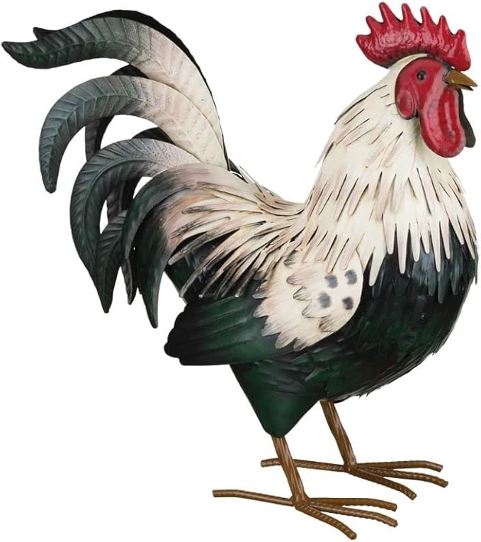 Regal Art & Gift Handcrafted Metal Rooster Statue, Weather-Resistant Farmhouse Yard Art, Indoor/Outdoor Garden Sculpture, Detailed Feather Design, Decorative Bird for Home & Garden, Verde, 14" Height