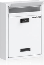 Uniclife Wall Mount Mailbox for Outside, Large Locking Mailbox, White | Security Mail Box with Combination Lock, Safe Key Drop Box, Post Box, Steel Cash Drop Box for Home Office School