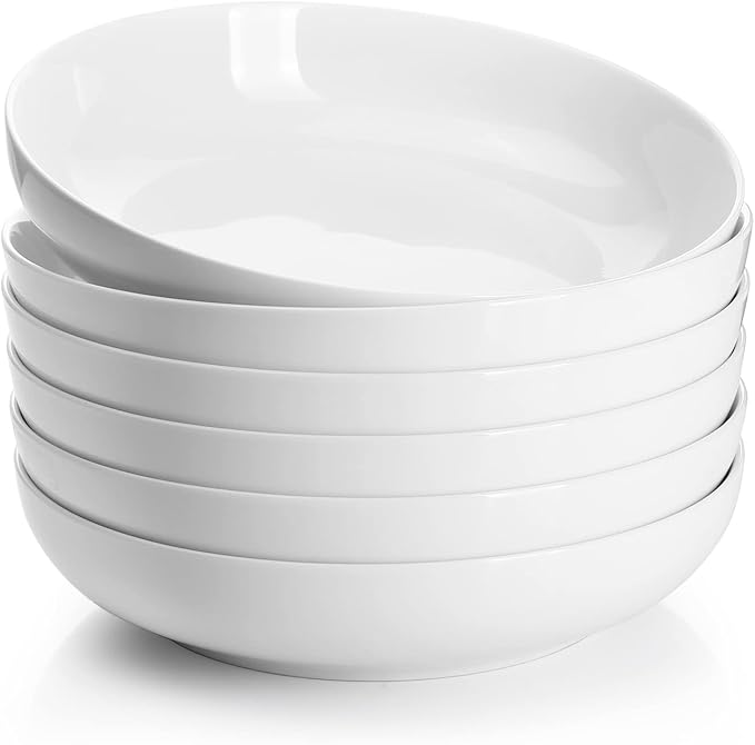 Sweese 22oz Porcelain Pasta Bowls Set of 6-7.6 Inch White Salad Serving Plates, Microwave Dishwasher Safe Dinnerware