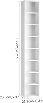 FOTOSOK 8-Tier Media Tower Rack, 11.6 X 9.3 X 70.9 Inches CD DVD Slim Storage Cabinet with Adjustable Shelves, Tall Narrow Bookcase Display Bookshelf for Home Office, white