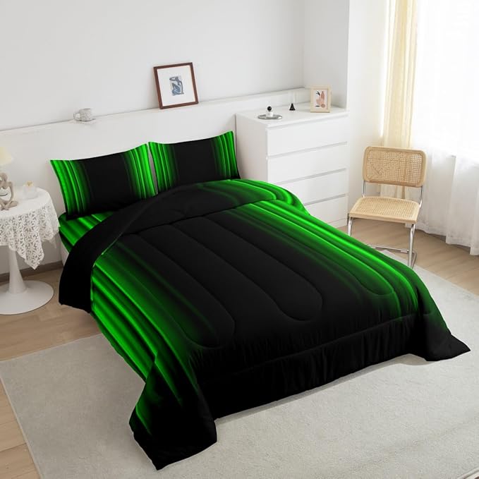 Feelyou Geometric Abstract Ombre Bedding Bed Set Men Adults Teens Green and Black Striped Comforter Set Kids Boys Girls Simple Modern Comforter Inner Fill Bedroom Collection 2Pcs Twin Size