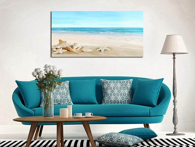 DZL Art S73962 Beach Picture Decor Ocean Painting Canvas Wall Art Prints of Starfish and Seashell on Sandy Seaside Ready to Hang for Living Room Bedroom Office Wall Decor Home Decoration