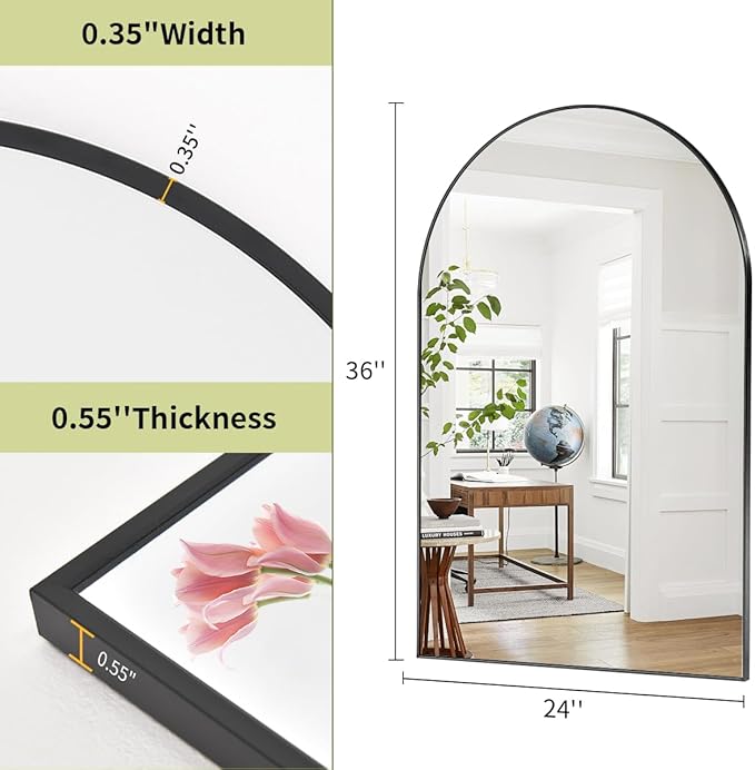BEAUTYPEAK 24"x36" Arch Bathroom Mirror, Wall Mounted Vanity Metal Frame Mirror for Bedroom, Entryway, Living Room, Black