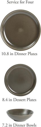 Gibson Elite 12 Piece (Service for 4) Lakecrest Plates and Bowls Reactive Glaze Round Dishes Stoneware Ceramic Dinnerware Set - Dark Green