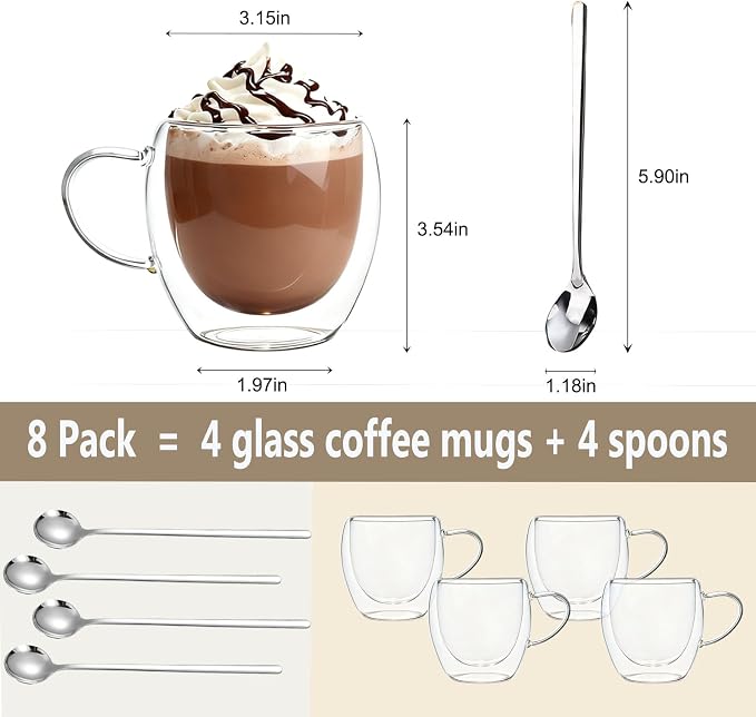 DINGPAI 4 Pack Double Wall Glass Coffee Mugs, 8oz Borosilicate Glass Mug | Heat-resistant, Cappuccino Espresso Tea Latte Cup with Handle, 4 Spoons for Stirring Beverages in Bar, Cafe, or at Home