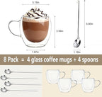 DINGPAI 4 Pack Double Wall Glass Coffee Mugs, 8oz Borosilicate Glass Mug | Heat-resistant, Cappuccino Espresso Tea Latte Cup with Handle, 4 Spoons for Stirring Beverages in Bar, Cafe, or at Home