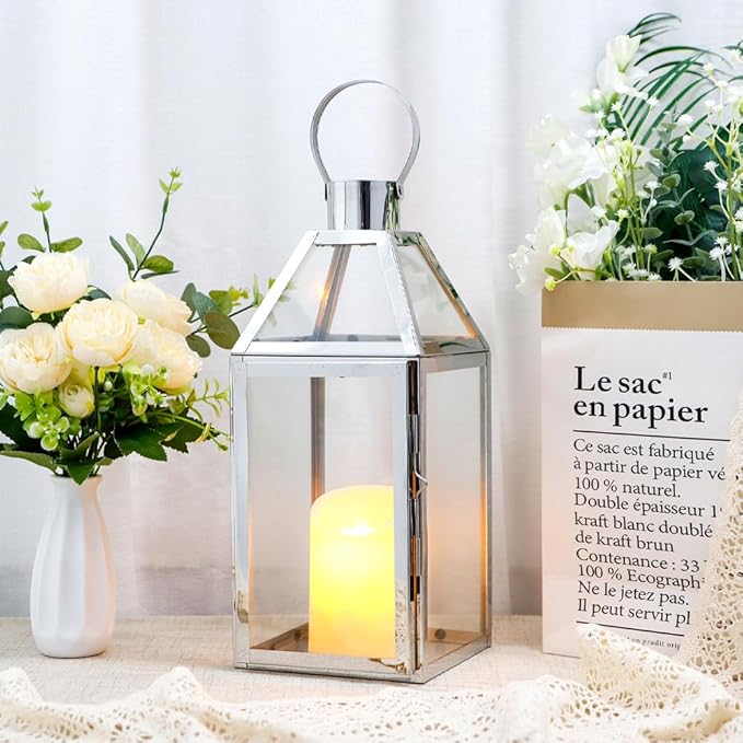 JHY Design Silver Decorative Lanterns 16inch High Stainless Steel Candle Lanterns with Tempered Glass for Indoor Outdoor Events Parities and Weddings